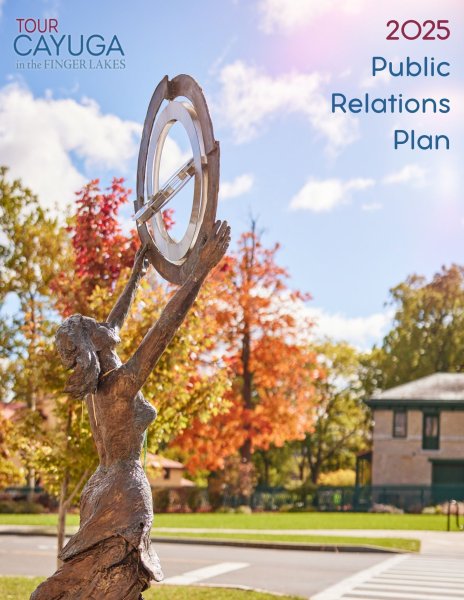 Cover of PR Plan for 2025 showing the art installation of a women holding a sphere titled Sky Women.