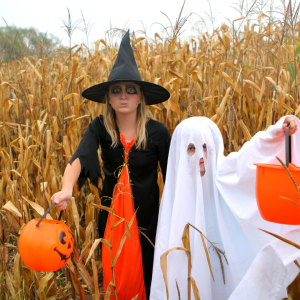 Two children dressed in Halloween Costumes standing in a corn field