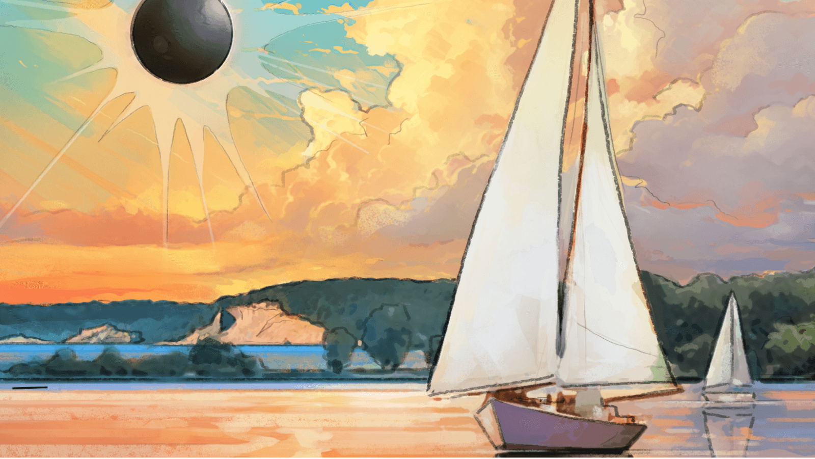 Totality is on the Way…are you Ready? Picture of a sail boat on a lake with clouds in the sky and the sun blacked by the moon