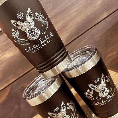 Hibercation- Food and Drink Three brown travel mugs with White Rabbit Roasting Company logo on them
