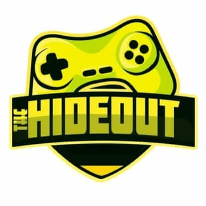 The HIdeout Logo-lime green video controller with  black lettering spelling out the hideout