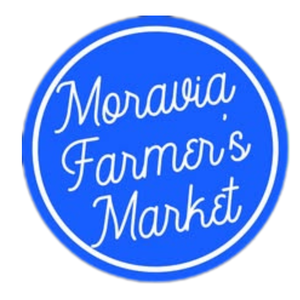 Moravia Farmer Market logo . Blue circle with white words  Moravia Farmers Market
