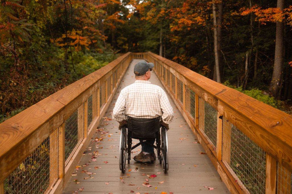 Celebrating 30 Years of Tourism Excellence in Cayuga County: Happy Birthday Tour Cayuga Man in wheel chair on boardwalk to Carpenter falls in the fall