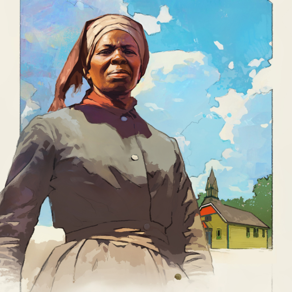 Illustration of Harriet Tubman standing in front of the AME Zion Church
