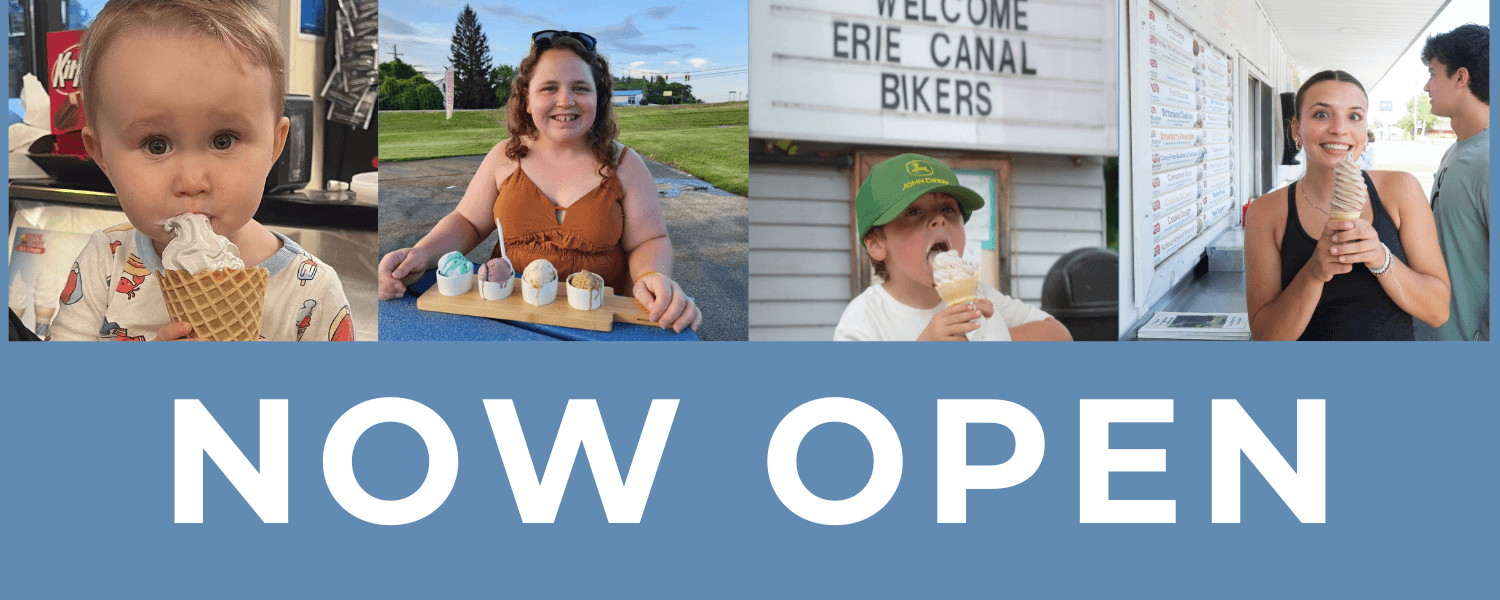 Banner of ice cream shops with now open written across it