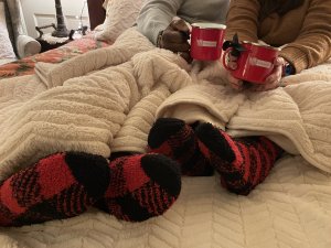 HIBERCATION is BACK buffalo check socks and warm cozy blanker