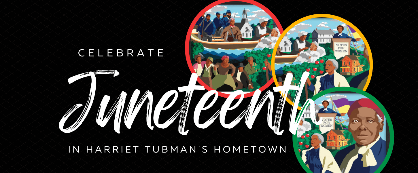 Juneteenth in Cayuga County: Walk in the Footsteps of a Freedom Fighter Picture of Harriet Tubman on a banner for Juneteenth