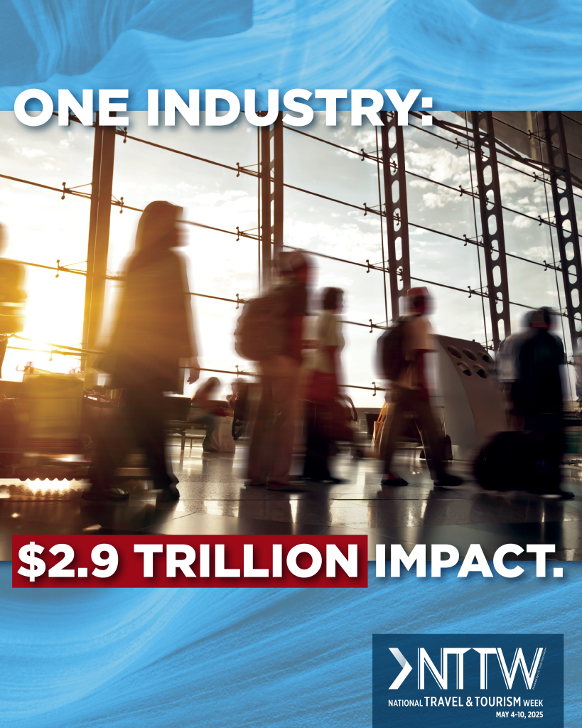 Celebrating National Travel and Tourism Week in Cayuga County-2025 Nation Tourism Week poster showing people in an airport