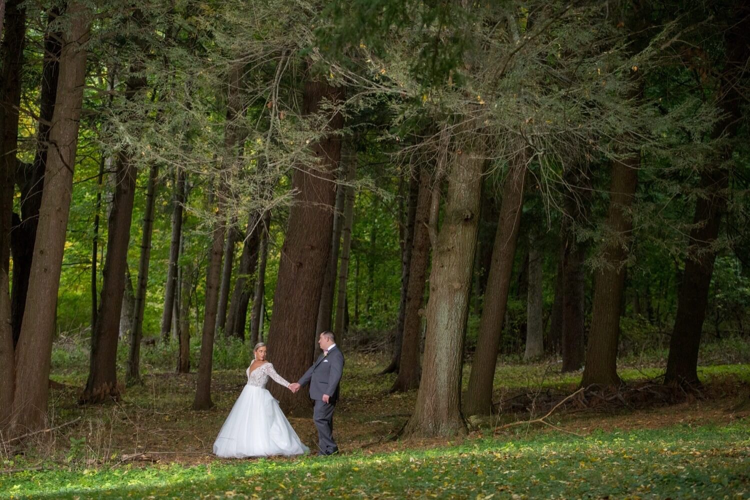 Wedding at the Grove at Springside Inn. Photo of bride and groom walking through the tall pines