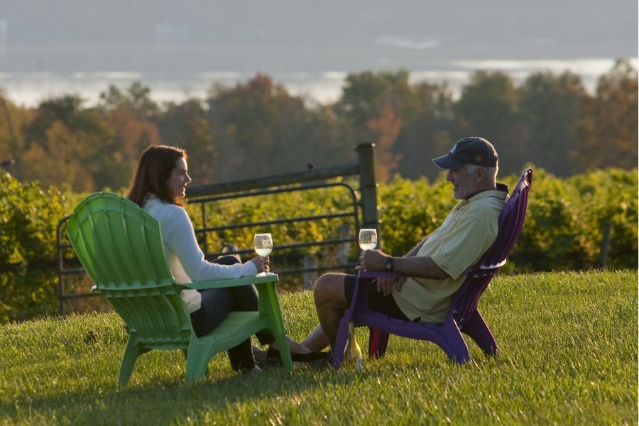 A man and woman sit in Adirondack chairs holding a glass of wine along the hedge of a vineyard.