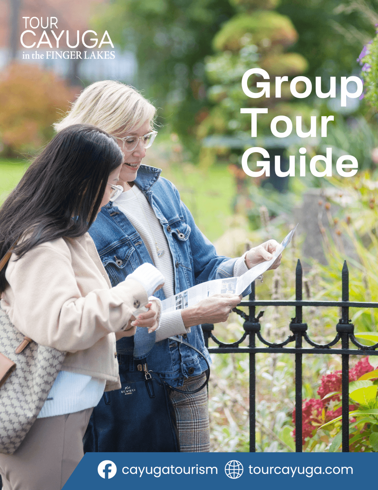 Groups cover of group tour guide brochure, featuring two
women outside in the spring reading a map.