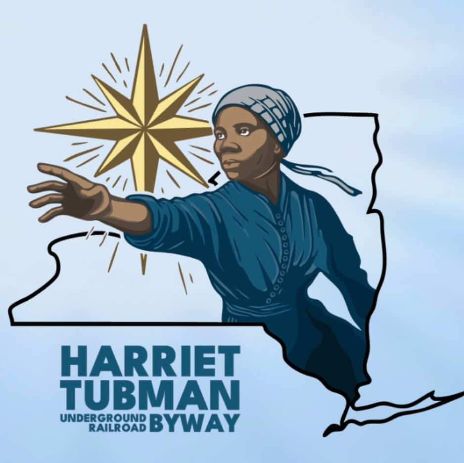 logo containing a outline map of NYS and Harriet Tubman 