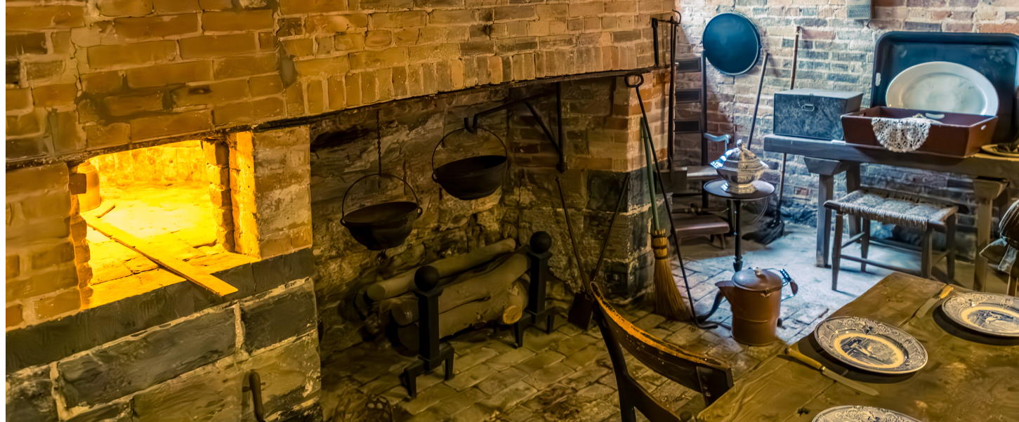 old fashioned brick fireplace and kitchen