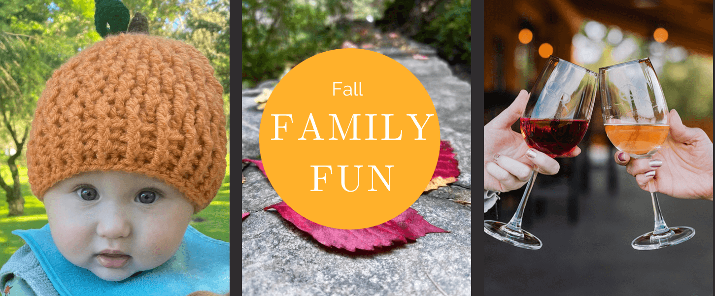 Photo of wine glasses, fall leafs and child in a pumpkin hat