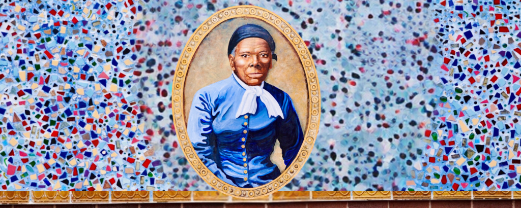 Juneteenth in Cayuga County: Walk in the Footsteps of a Freedom Fighter Harriet Tubman mosaic in tones of blue