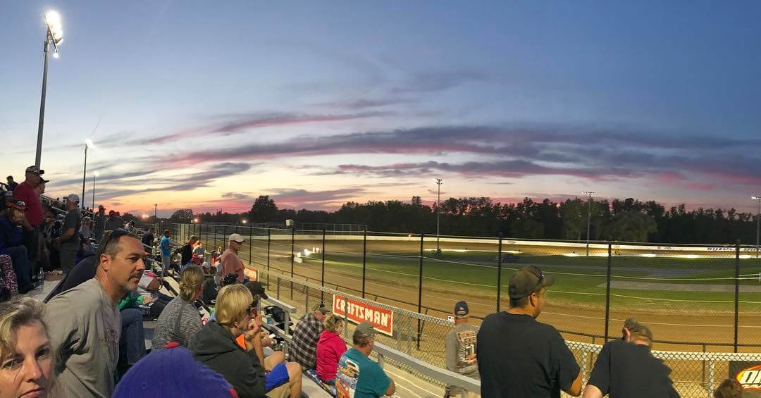 Wide angle view of the Weedsport Motor Speedway at dusk