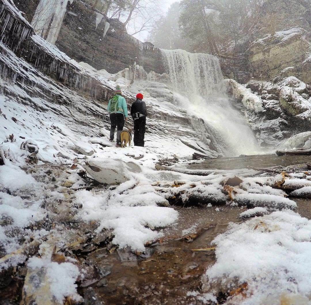 winter hike with waterfall