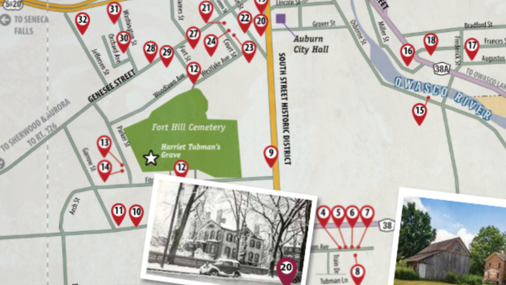 map of downtown Auburn NY with Underground Railroad sites marked 
